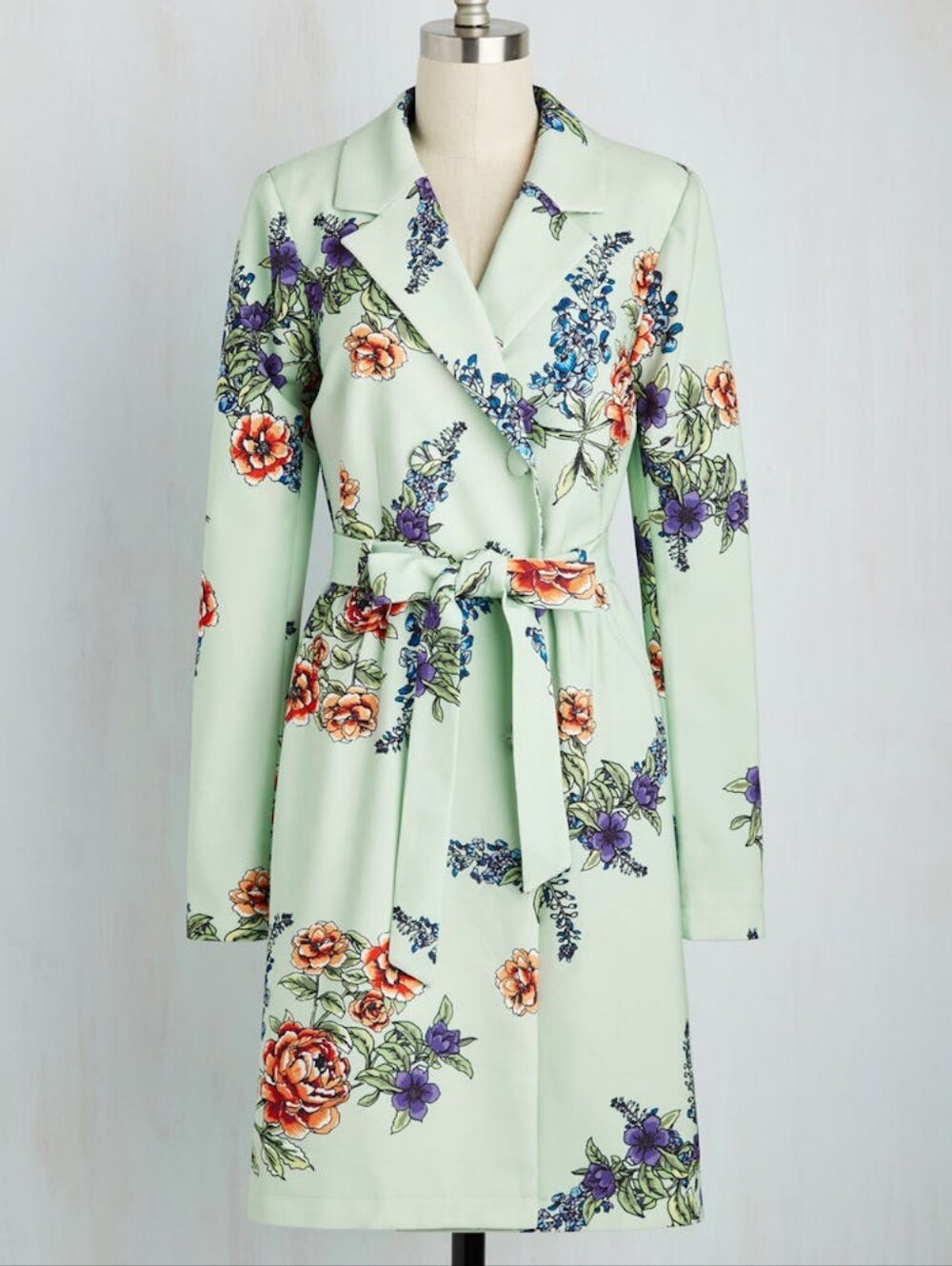 ModCloth Women's 1X Mint Floral Trench Coat Belted Double Breasted Fit Flare